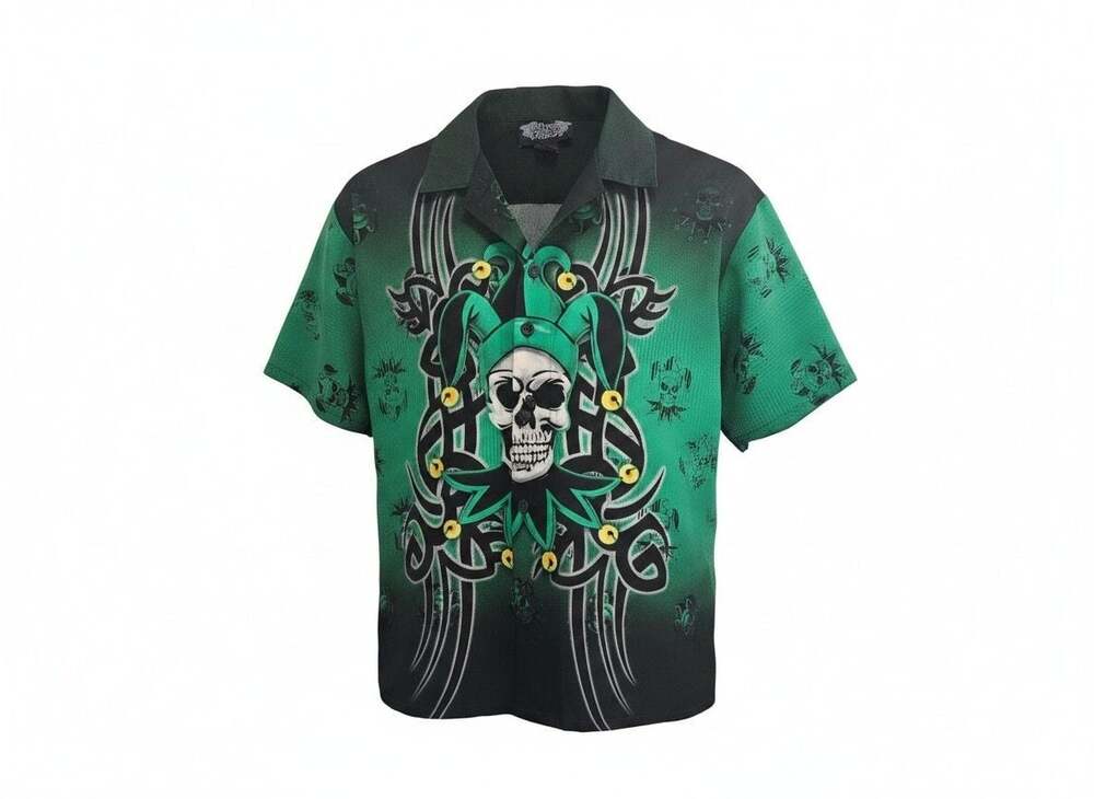 Silver Point Vintage Graphic Jester Skull Button Up Shirt